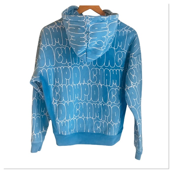 Champion Reverse Weave Bubble Script Blue Hooded Sweatshirt Size Medium - Picture 6 of 8